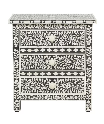 Bone Inlay 3 Drawer Black Bedside